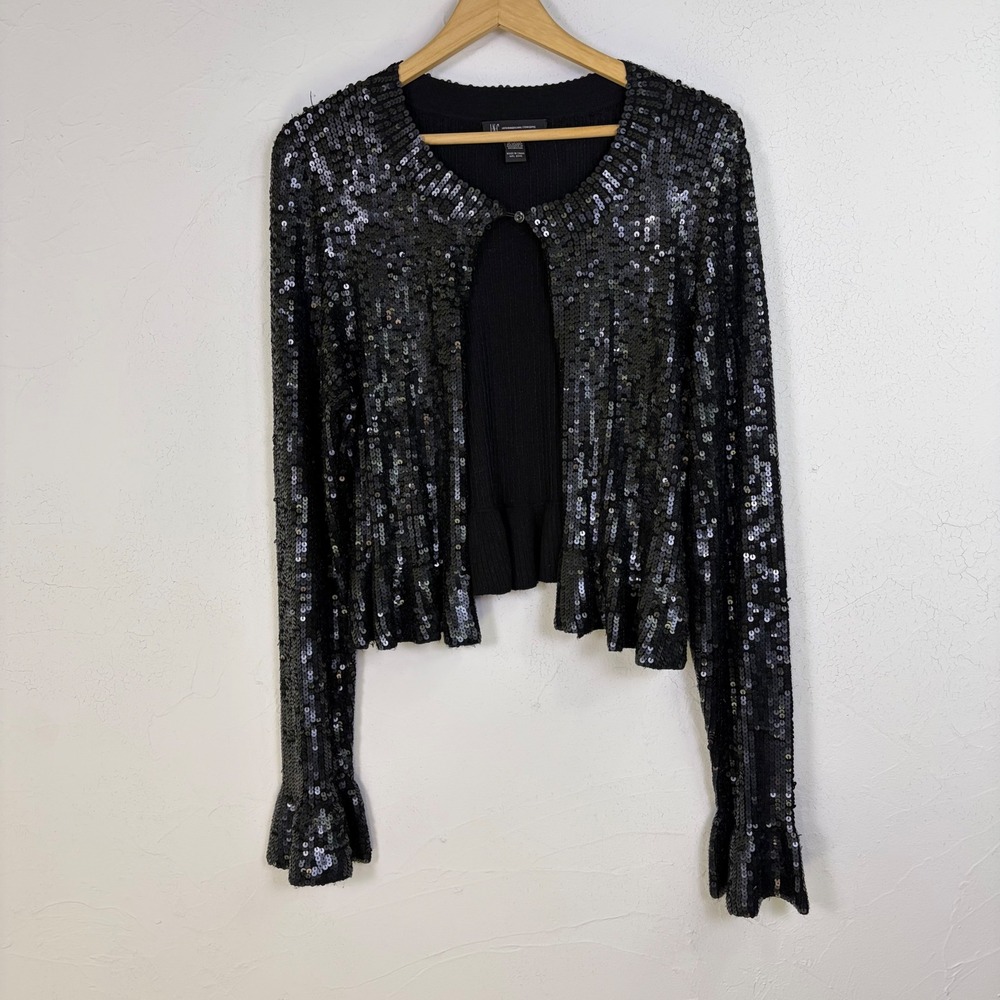 INC International Concepts Sequin Cardigan Women L Black Silk Blend Ruffle Glam